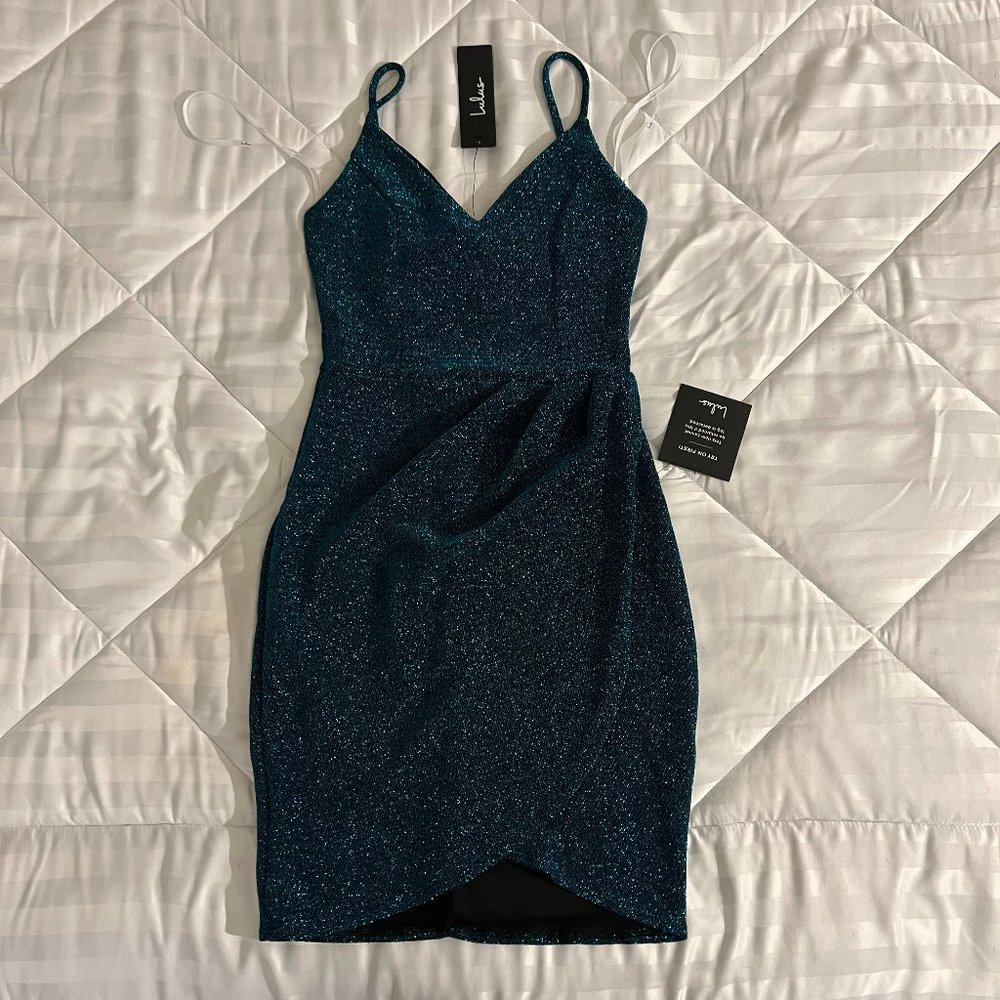 (NWT) LULU'S Metallic Mini Dress in Teal Blue Size XS